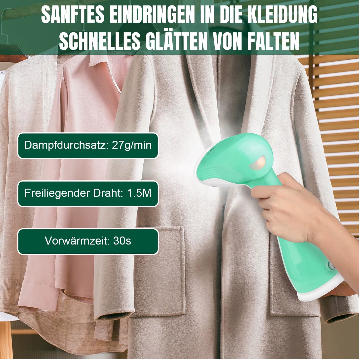 Powerful Handheld Clothes Steamer – Fast 30-Second Heat-Up, Perfect for Travel & Home Use, Effortless Wrinkle Removal