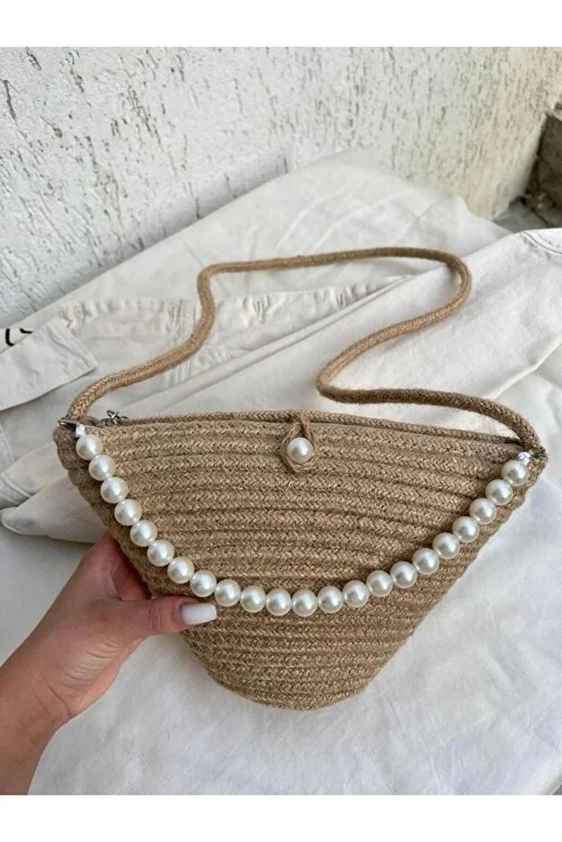 Women Jute Fabric Pearl Design Classic Shoulder Bag Elegant Daily Handbag