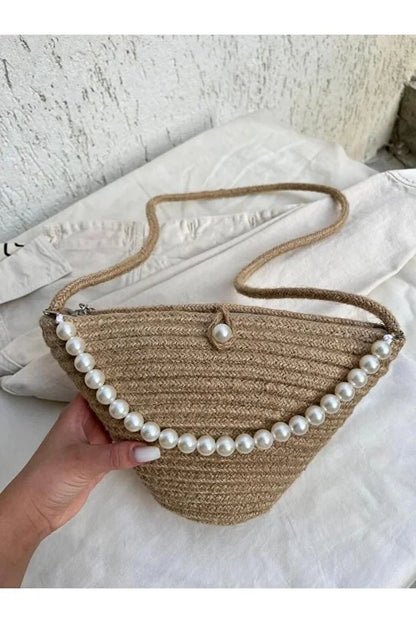 Women Jute Fabric Pearl Design Classic Shoulder Bag Elegant Daily Handbag