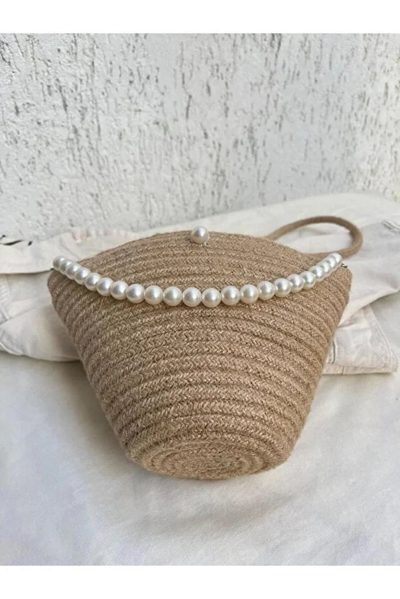 Women Jute Fabric Pearl Design Classic Shoulder Bag Elegant Daily Handbag