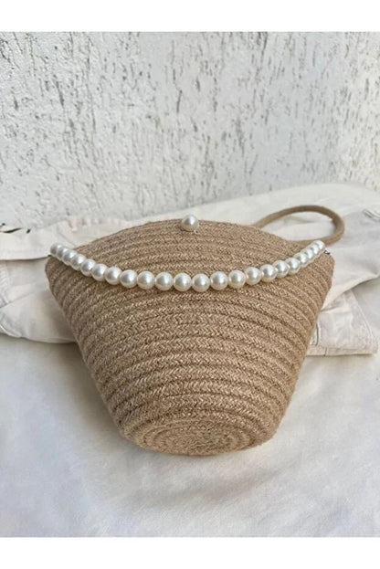 Women Jute Fabric Pearl Design Classic Shoulder Bag Elegant Daily Handbag