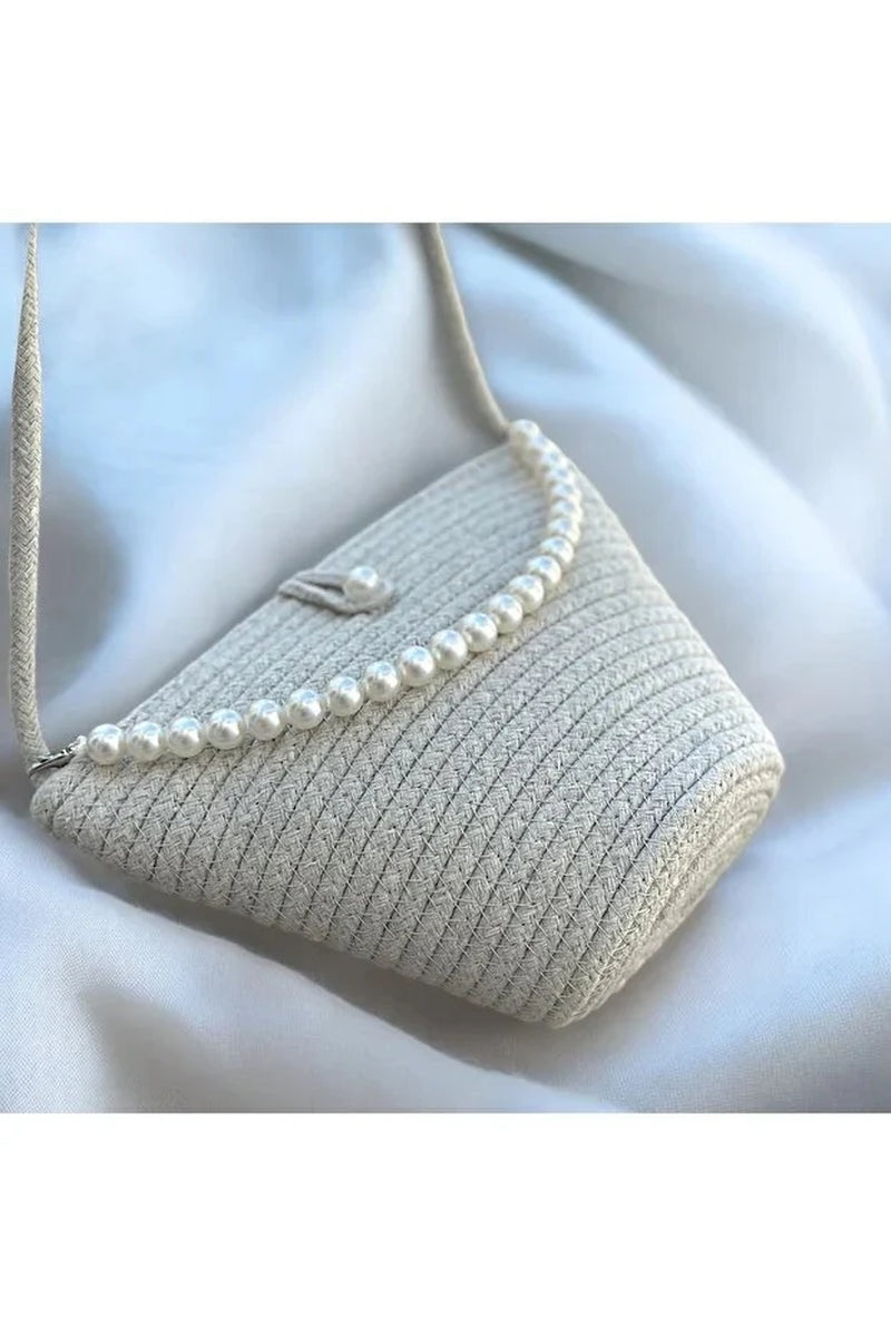 Women Beige Pearl Design Classic Shoulder Bag Elegant Daily Handbag