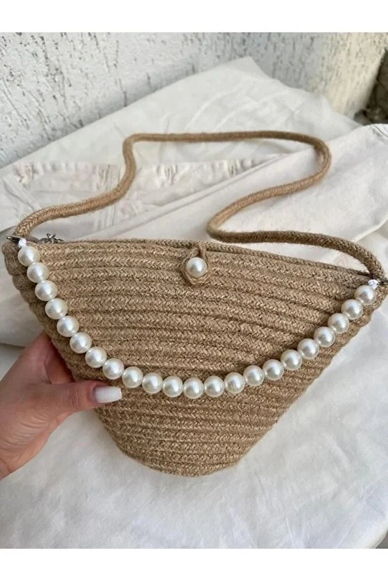 Women Jute Fabric Pearl Design Classic Shoulder Bag Elegant Daily Handbag