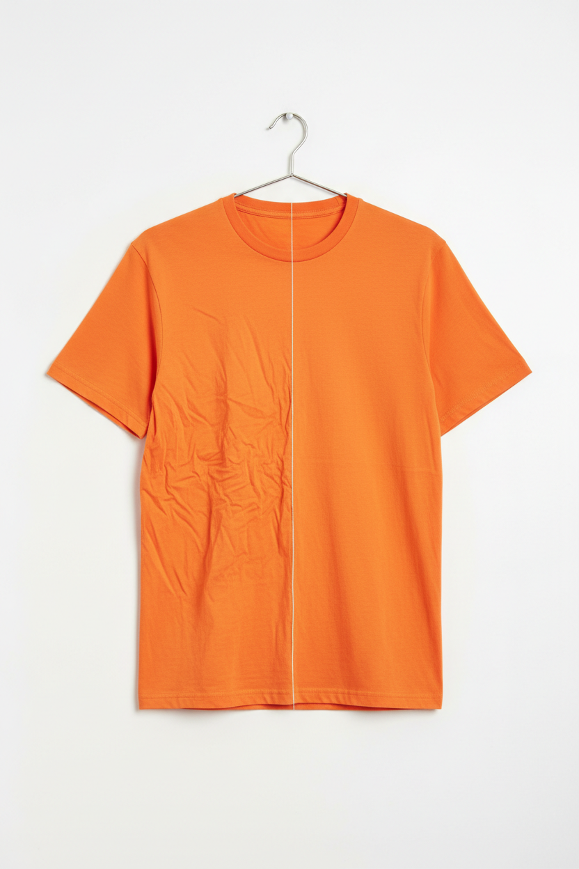 Complete orange t-shirt half wrinkled half smooth