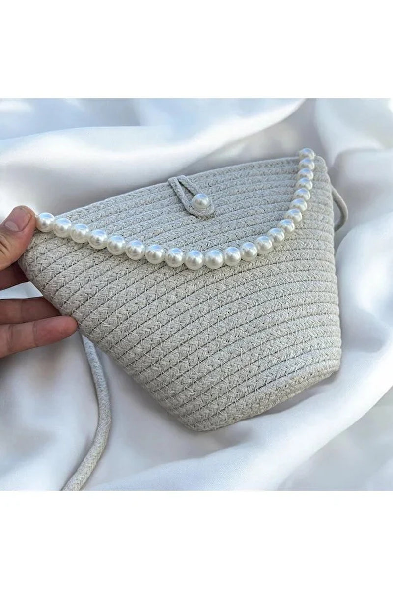 Women Beige Pearl Design Classic Shoulder Bag Elegant Daily Handbag